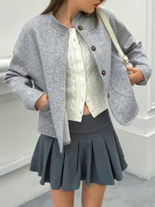 INAWLY Women's Solid Color Drop Shoulder Long Sleeve Single-Breasted Loose Casual Jacket, Autumn - Light Grey - View 6