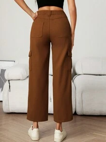 SHEIN PETITE 女式纯色前扣口袋简约休闲牛仔裤 - 鏽棕色 - 查看 2