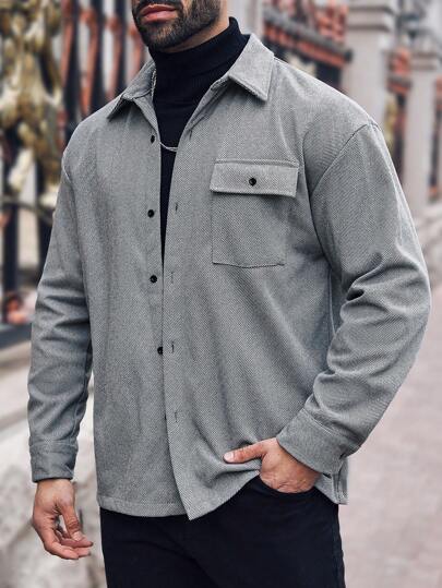 Manfinity Homme 男士加大码前扣长袖口袋休闲日常外出衬衫外套，送给朋友、丈夫、男友的礼物，秋季款