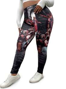 Flirla Plus Size Women Figure Printed Elastic Waist Casual Leggings