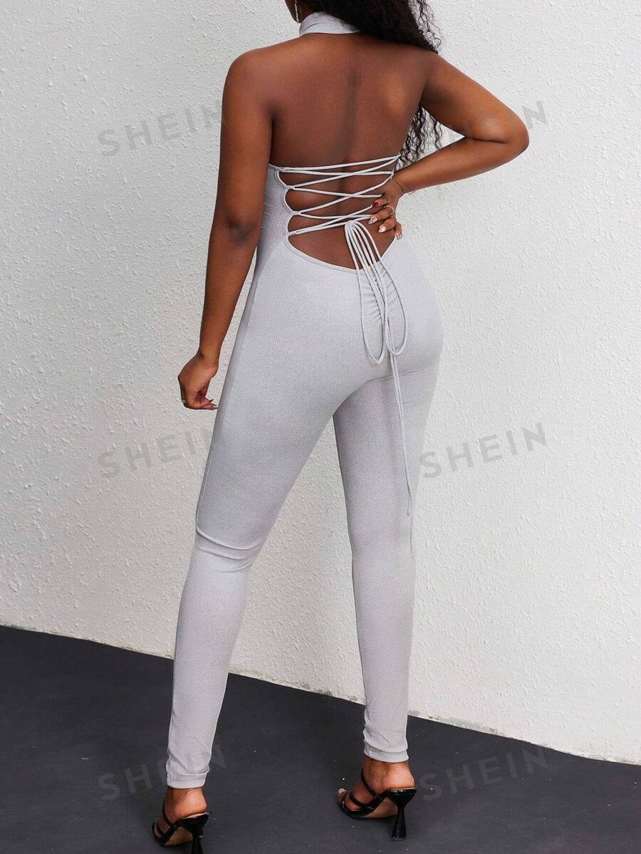 INAWLY Mono de mujer de unicolor con escote halter, espalda descubierta y cintura anudada, de corte ajustado y casual