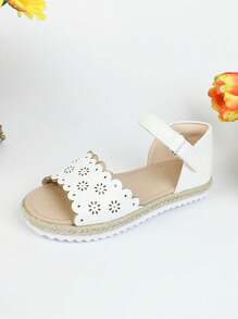 1 Đôi dép xăng đan đế bằng bằng vải lanh màu trắng thêu họa tiết thời trang dễ thương màu mơ cho bé gái - trắng - Xem 3