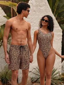 Manfinity VDAYZ Shorts de playa con estampado de leopardo y cordón a la cintura, con estilo hawaiano, para hombre