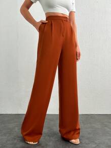 SHEIN Tall Tall Women's Stylish Solid Color High Waist Straight Pant With Button And Zipper Details - Burnt Orange - View 3