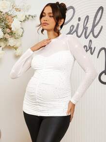 Loomaby Women's Stand Collar Long Sleeve Sequin Decor Minimalist Blouse, Casual Everyday Wear Fof Baby Shower Clothings Maternity TOP