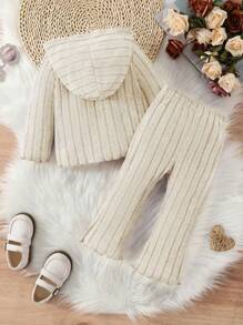 2 bucăți drăguț de culoare solidă, tricotat cu glugă, cu glugă, și set de pantaloni sport tricotați cu nervuri pentru fetițe, moale, confortabil și dulce - Caisă - Vizualizare 2