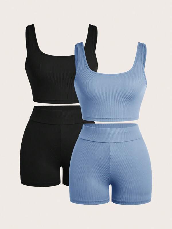 SHEIN SXY Summer;2 Packs Workout Sets For Women Ribbed Crop Tank High Waist Shorts Outfits