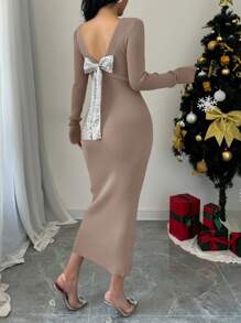 Elenzga Elegante glitterstrik-decoratie, getailleerde trui-jurk zonder rug, herfst/winter