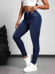 SHEIN PETITE Schlichte, modische, lässige Jeans für jeden Tag aus Denim für Damen