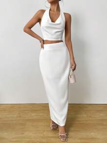 SHEIN Unity Conjunto de 2 piezas de top y falda de unicolor elegante para mujer, para fiesta, conjunto de dos piezas - Blanco - Ver 3