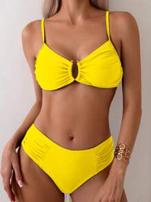 Swim Basics 女士纯色细肩带比基尼上衣和下装比基尼套装夏季 - 黃色 - 查看 6