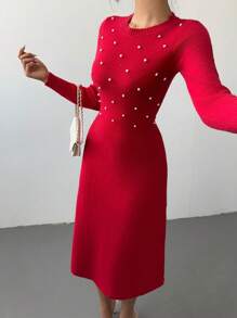 Calvaya Vestido de suéter tejido con tachuelas rojas, moda minimalista casual para uso diario