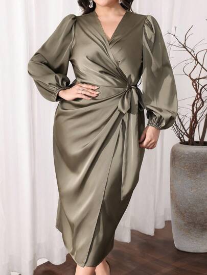 Modelyn Plus Size Women Solid Color Side Knotted Ruched Lantern Sleeve Fitted Elegant Dress Long Evening Dresses