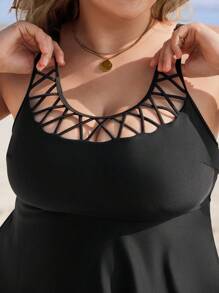 Swim Lushoire 2pcs/Set Women Plus Size Solid Color Hollow Out Camisole & Bikini Bottom Suit, Elegant Vacation Beach Wear Summer - Black - View 4