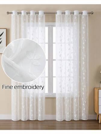 Solid Color Embroidery Simple Curtain, Daily Casual Home/Lightweight Filter Linen-Like Curtain, Suitable For Bedroom And Living Room, Pure White Floral Embroidery Solid Color Mix, Semi-Sheer Top Tie Curtain,Fall Decor,Autumn Decor,Room Decor
