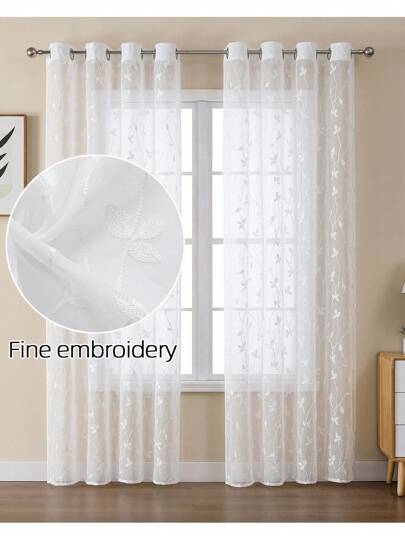 Solid Color Embroidery Simple Curtain, Daily Casual Home/Lightweight Filter Linen-Like Curtain, Suitable For Bedroom And Living Room, Pure White Floral Embroidery Solid Color Mix, Semi-Sheer Top Tie Curtain,Fall Decor,Autumn Decor,Room Decor