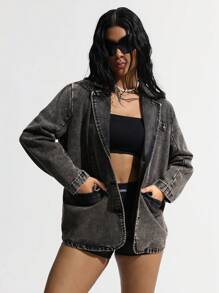 SHEIN ICON 女式秋季长袖翻领单排扣休闲牛仔西装外套 - 深灰色 - 查看 4