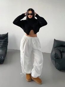 POPSWAY Plus Size Women's Solid Color Drawstring Waist Wide Leg Casual Cargo Pants Fall Cloth For Women - White - View 3