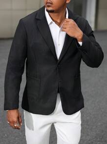 Manfinity Mode Plus Size Men's Solid Color Contrast Collar Long Sleeve Casual Business Suit Jacket, Autumn
