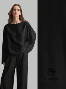 Ontre Women's Teacher Top, Autumn Women's Wear, 2025 Autumn Women's Series, Satin Black Oversized Boat Neck Minimalist Elegant Business Casual Women's Wear, Black Boat Neck Long Sleeve Retro Back To School Style Women's Teacher Basic Top, Back To School Women's Office Wear