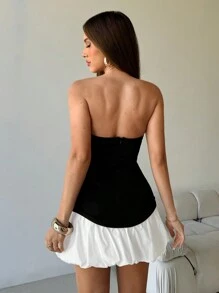 Aloruh Vestido mini de tubo ajustado en contraste blanco y negro con escote corazón sexy para mujer