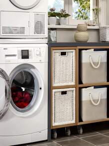 1PC Modern Simple Linen Patchwork Foldable Storage Box For Home Bedroom Living Room Toys Daily Necessities Laundry Square Folding Basket Large Capacity Handheld Organizer - Khaki - View 5