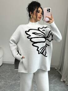 Elenzga Women's Stand Collar Long Sleeve Floral Pattern Minimalist Casual Sweater Knit Pullover Fall Winter