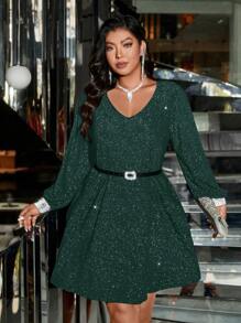 SHEIN Clasi Vestido casual de manga larga con cuello en V, talla grande, minimalista y de moda