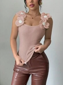 Elenzga Áo ba lỗ không tay dày cổ vuông họa tiết hoa tinh tế cho nữ - Hồng - Xem 6