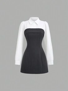 Sweetra Women's Elegant Solid Color Puff Sleeve Shirt And Striped Camisole Dress Two-Piece Set, Autumn