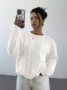 Aloruh 女士纯色圆领长袖休闲宽松针织毛衣，秋冬 - 白色 - 查看 6