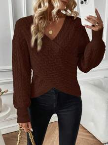 SHEIN Clasi Women's Solid V-Neck Long Sleeve Casual Top, Minimalist Style For Daily Wear Knit Pullover Fall Winter Sweater - Coffee Brown - View 1