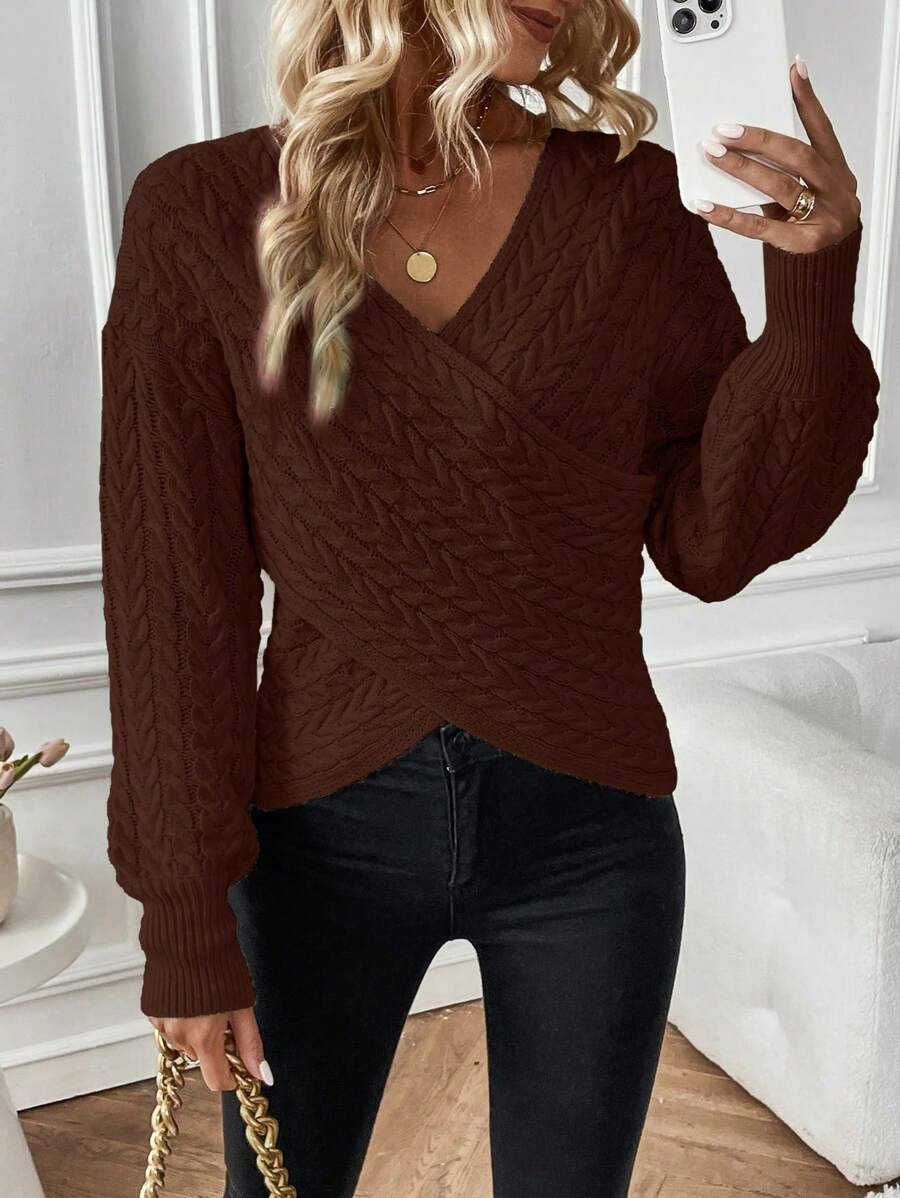 SHEIN Clasi Women's Solid V-Neck Long Sleeve Casual Top, Minimalist Style For Daily Wear Knit Pullover Fall Winter Sweater - Coffee Brown - View 1