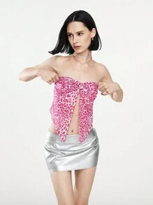 SHEIN Unity Áo crop top xoắn họa tiết da báo có đường xẻ - Hồng - Xem 5