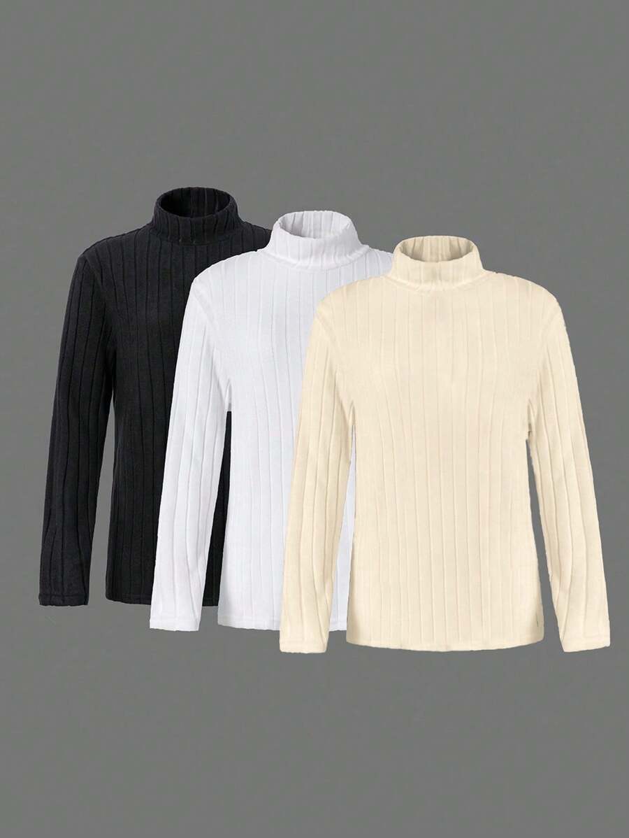 SHEIN 3pcs/Set Casual Basic Slim-Fit Turtleneck Knit T-Shirts