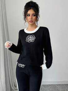 Elenzga Damski sweter w jednolitym kolorze z patchworkowym wzorem i okrągłym dekoltem i długim rękawem