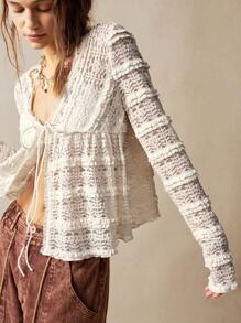 Bohemela Casual Solid Color Knit Lace Up V-Neck Long Sleeve Loose Blouse For Women