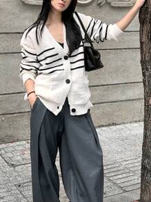 INAWLY Cardigan décontracté doux à col en V et rayures pour femmes