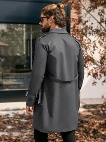 Manfinity CasualCool Men's Solid Color Double-Breasted Pocket Long Sleeve Trench Coat,Fall Men Clothes,Blue Trench Coat,Gifts For Boyfriend