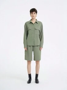 SHEIN LUNE Women's Casual Solid Color Set, Long Sleeve Shirt & Shorts, Suitable For Spring/Summer Fall Cloth For Women - Army Green - View 1