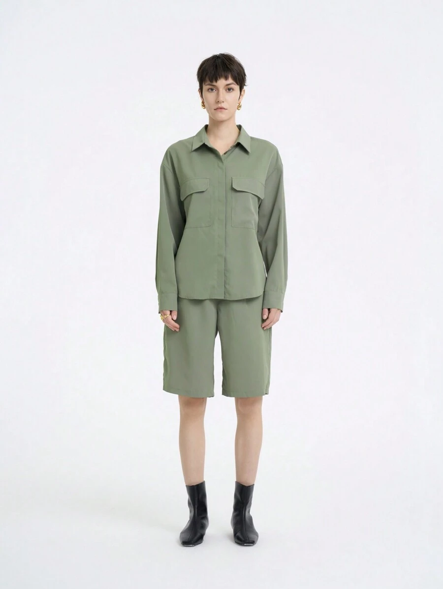 SHEIN LUNE Women's Casual Solid Color Set, Long Sleeve Shirt & Shorts, Suitable For Spring/Summer Fall Cloth For Women - Army Green - View 1