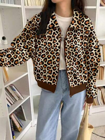 INAWLY Chaqueta con cierre de cremallera con estampado de leopardo para uso casual y diario de otoño para mujer