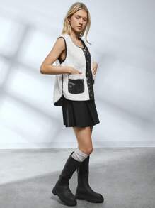 SHEIN EZwear Women's New Autumn And Winter Color Block Lamb Wool Conforms To Simple Daily Plush Vest - Black - View 2