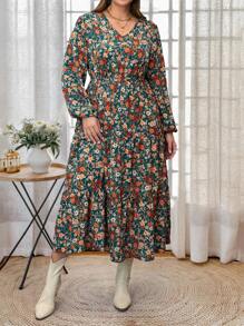 EMERY ROSE 大码女式碎花 V 领灯笼袖连衣裙，优雅度假，优雅女士连衣裙，冬季连衣裙 - 彩色 - 查看 1