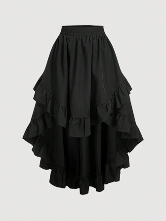 SHEIN MOD Damen Schwarz Volant Saum Rock, Retro Schwarz geschichteter A-Linien Rock