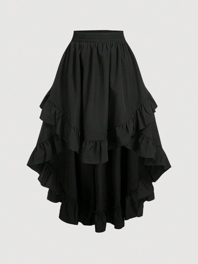 SHEIN MOD Plus Size Women's Black Ruffles Hem Skirt, Vintage Black Layered Skirt