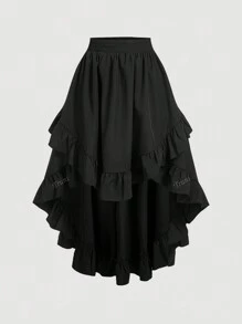 Truni Plus Size Women's Black Ruffles Hem Skirt, Vintage Black Layered Skirt