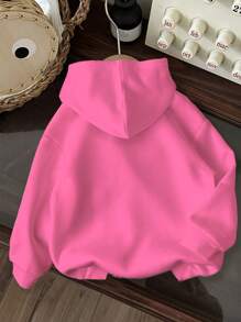 SHEIN HELLO! Pink Polka Dot Bow, Cute, Beautiful "I Love Mummy And Daddy" Slogan, Casual Relaxed Fit Knitted Thick Hoodie Sweatshirt For Young Girls, Everyday Comfortable Wear