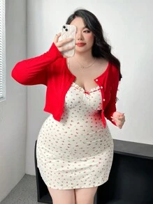 Vibekara 2pcs Set Sweet Girl Ditsy Floral Camisole & Round Neck Long Sleeve Knit Cardigan Fall Cloth For Women