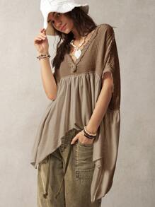Bohemela Asymmetrical Hem Loose Splice White Blouse For Women,Short Sleeve Tops - Brown - View 7